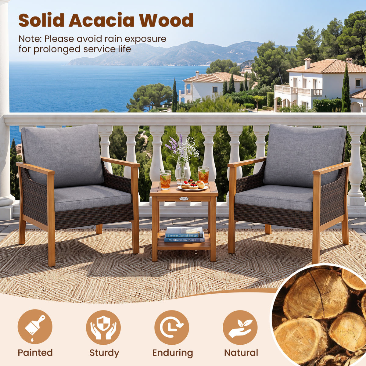 3 Piece Patio Furniture Set-Gray