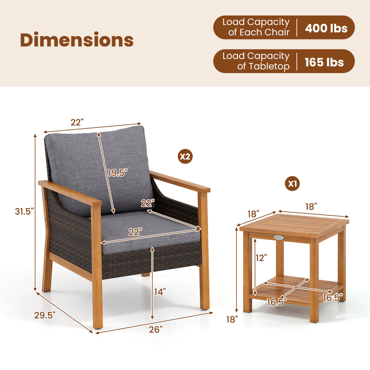 3 Piece Patio Furniture Set-Gray