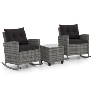 3-Piece Patio Rattan Roker Chairs with Tempered Glass Table and Soft Cushions-Mix Gray-Black
