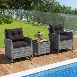 3-Piece Patio Rattan Roker Chairs with Tempered Glass Table and Soft Cushions-Mix Gray-Black