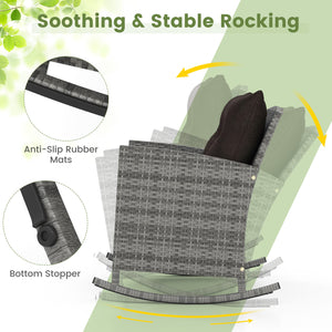 3-Piece Patio Rattan Roker Chairs with Tempered Glass Table and Soft Cushions-Mix Gray-Black
