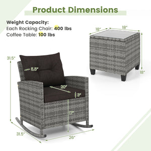 3-Piece Patio Rattan Roker Chairs with Tempered Glass Table and Soft Cushions-Mix Gray-Black