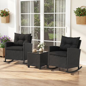 3-Piece Patio Rattan Roker Chairs with Tempered Glass Table and Soft Cushions-Black & Brown