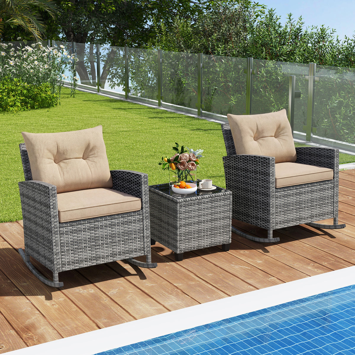 3-Piece Patio Rattan Roker Chairs with Tempered Glass Table and Soft Cushions-Yellow