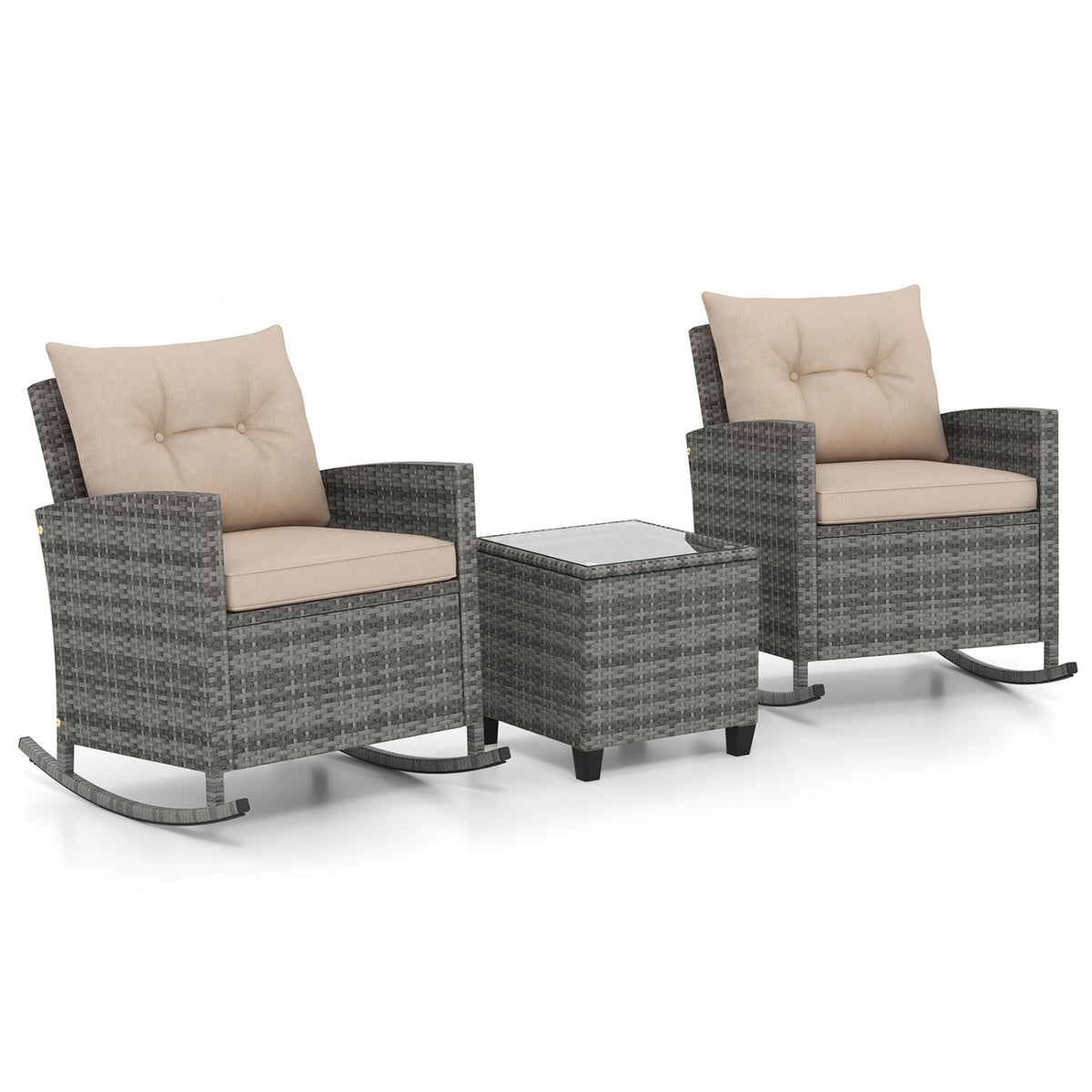 3-Piece Patio Rattan Roker Chairs with Tempered Glass Table and Soft Cushions-Yellow