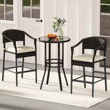 3-Piece Patio Rattan Bar Set with Tempered Glass Top for Backyard Poolside-Brown