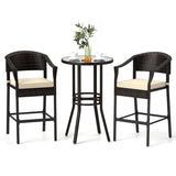 3-Piece Patio Rattan Bar Set with Tempered Glass Top for Backyard Poolside-Brown