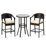 3-Piece Patio Rattan Bar Set with Tempered Glass Top for Backyard Poolside-Brown