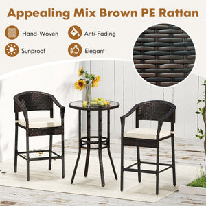 3-Piece Patio Rattan Bar Set with Tempered Glass Top for Backyard Poolside-Brown