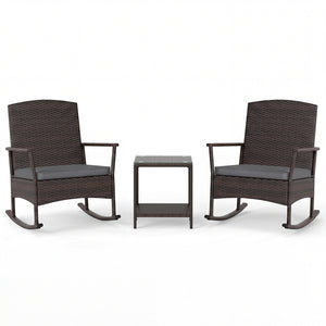 3 Piece Patio Rocking Set Wicker Rocking Chairs with 2-Tier Coffee Table-Gray
