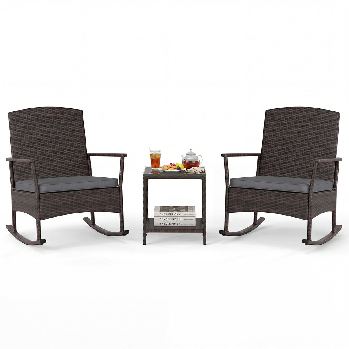 3 Piece Patio Rocking Set Wicker Rocking Chairs with 2-Tier Coffee Table-Gray