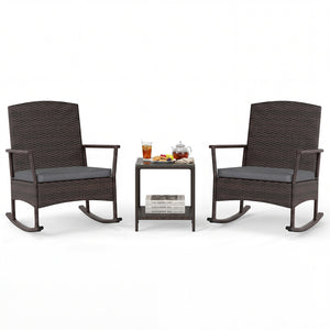 3 Piece Patio Rocking Set Wicker Rocking Chairs with 2-Tier Coffee Table-Gray