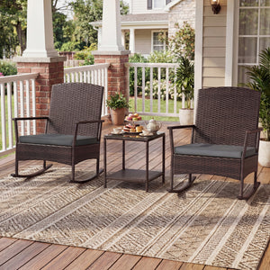3 Piece Patio Rocking Set Wicker Rocking Chairs with 2-Tier Coffee Table-Gray