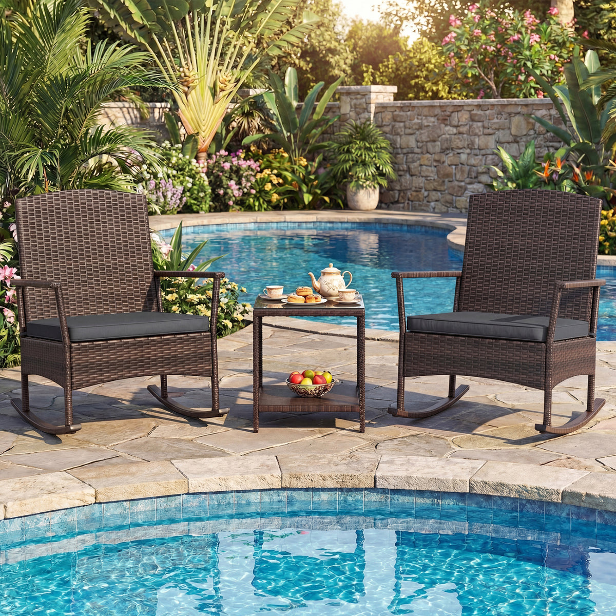 3 Piece Patio Rocking Set Wicker Rocking Chairs with 2-Tier Coffee Table-Gray