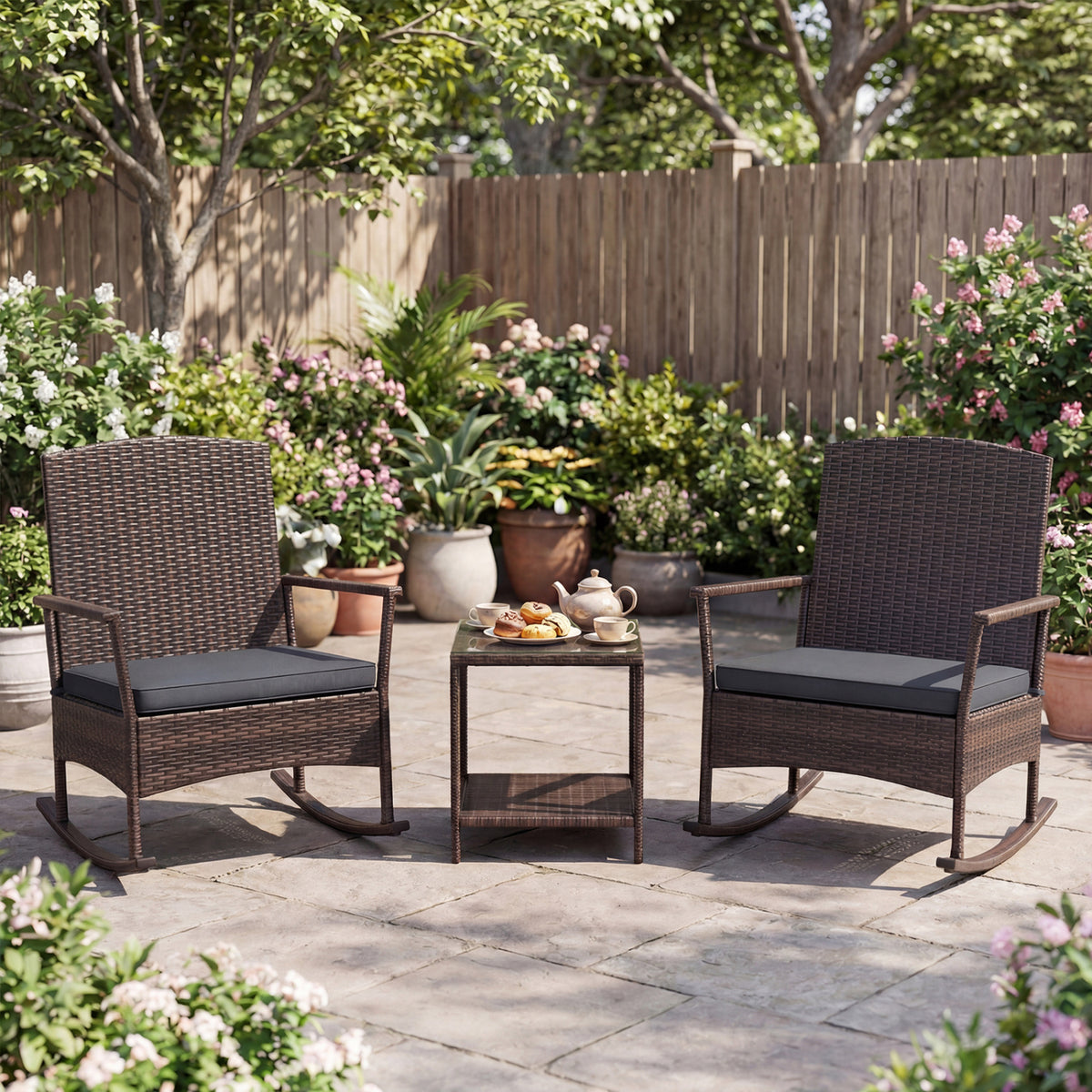 3 Piece Patio Rocking Set Wicker Rocking Chairs with 2-Tier Coffee Table-Gray