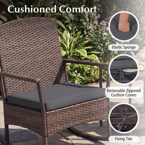 3 Piece Patio Rocking Set Wicker Rocking Chairs with 2-Tier Coffee Table-Gray