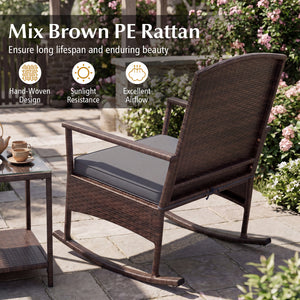 3 Piece Patio Rocking Set Wicker Rocking Chairs with 2-Tier Coffee Table-Gray