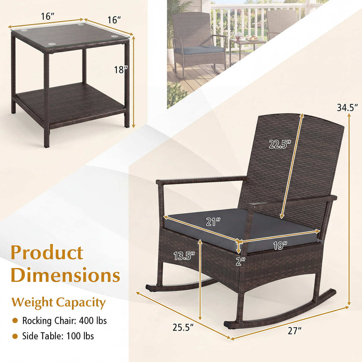 3 Piece Patio Rocking Set Wicker Rocking Chairs with 2-Tier Coffee Table-Gray