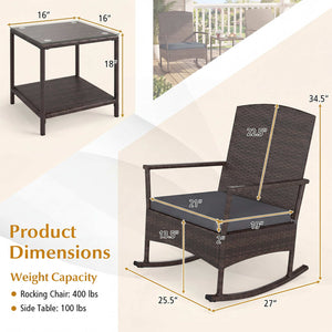 3 Piece Patio Rocking Set Wicker Rocking Chairs with 2-Tier Coffee Table-Gray