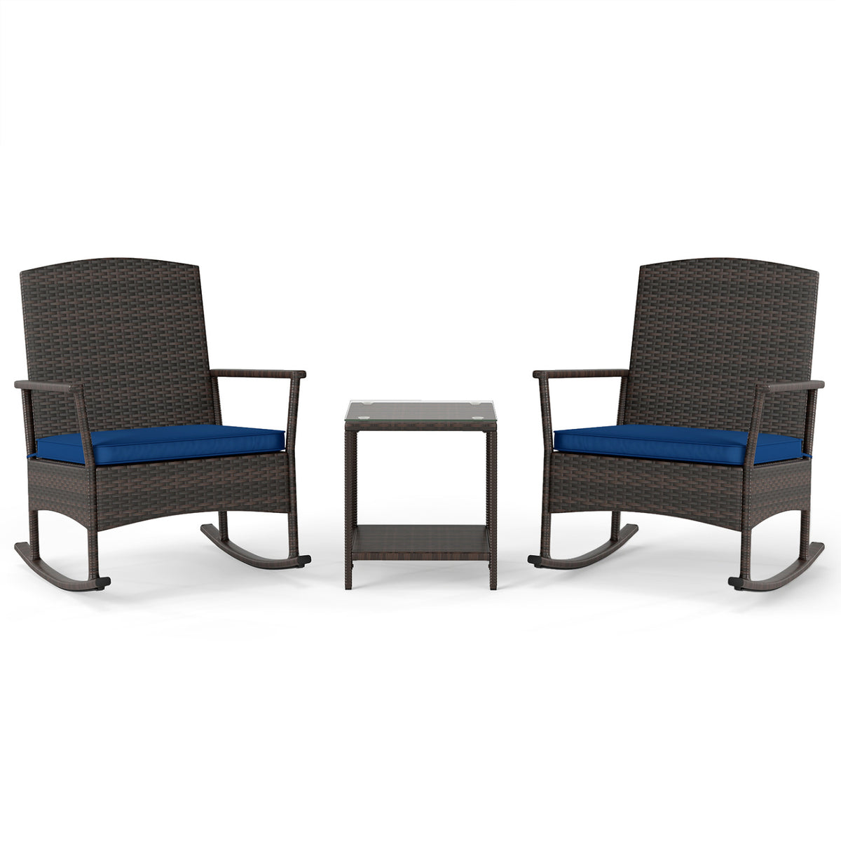 3 Piece Patio Rocking Set Wicker Rocking Chairs with 2-Tier Coffee Table-Navy