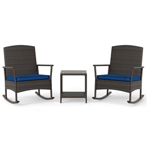 3 Piece Patio Rocking Set Wicker Rocking Chairs with 2-Tier Coffee Table-Navy