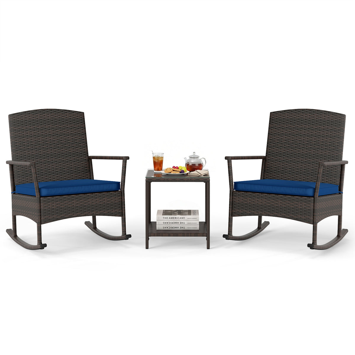 3 Piece Patio Rocking Set Wicker Rocking Chairs with 2-Tier Coffee Table-Navy