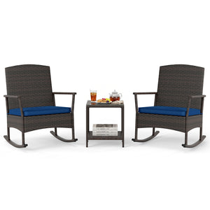 3 Piece Patio Rocking Set Wicker Rocking Chairs with 2-Tier Coffee Table-Navy