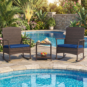 3 Piece Patio Rocking Set Wicker Rocking Chairs with 2-Tier Coffee Table-Navy