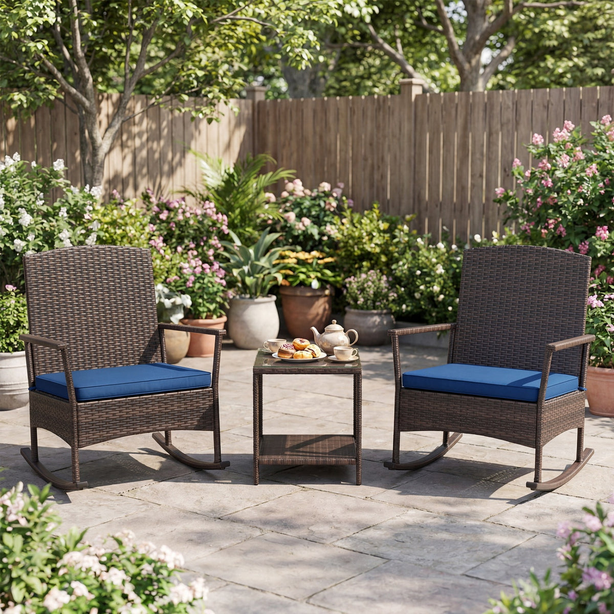 3 Piece Patio Rocking Set Wicker Rocking Chairs with 2-Tier Coffee Table-Navy