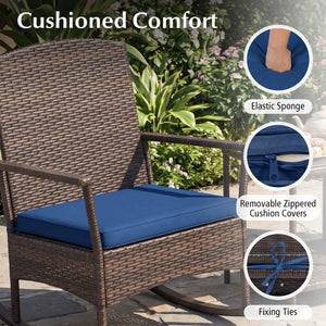 3 Piece Patio Rocking Set Wicker Rocking Chairs with 2-Tier Coffee Table-Navy