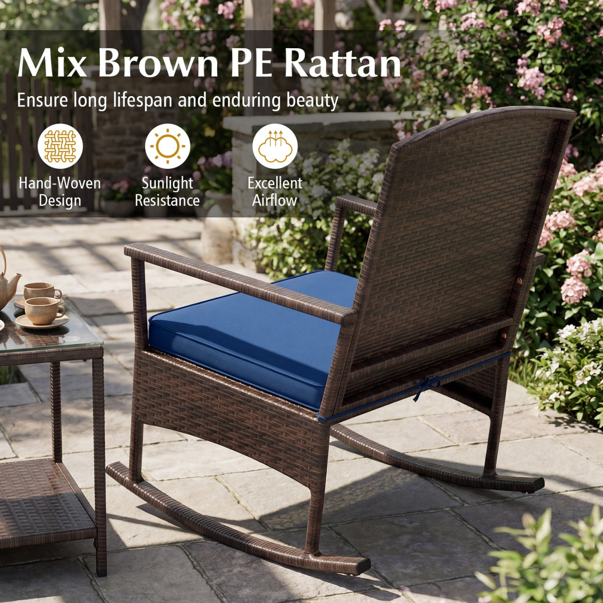 3 Piece Patio Rocking Set Wicker Rocking Chairs with 2-Tier Coffee Table-Navy