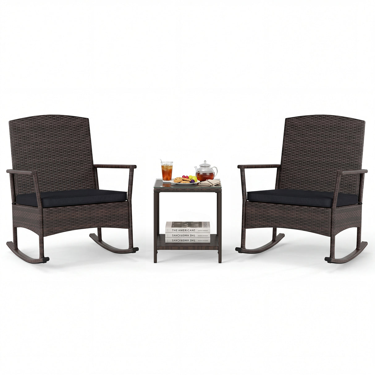 3 Piece Patio Rocking Bistro Set with 2-Tier Table-Black