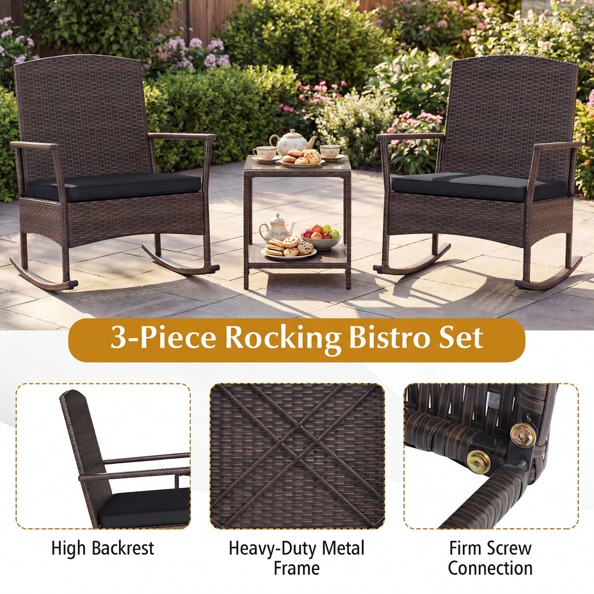 3 Piece Patio Rocking Bistro Set with 2-Tier Table-Black