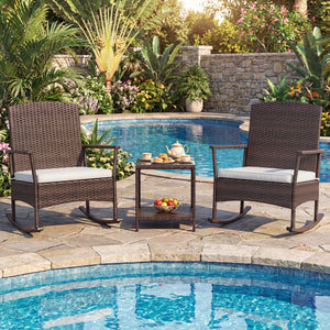 3 Piece Patio Rocking Set Wicker Rocking Chairs with 2-Tier Coffee Table-Off White