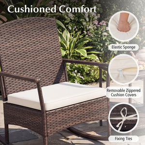 3 Piece Patio Rocking Set Wicker Rocking Chairs with 2-Tier Coffee Table-Off White