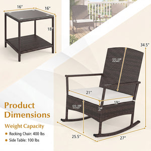 3 Piece Patio Rocking Set Wicker Rocking Chairs with 2-Tier Coffee Table-Off White