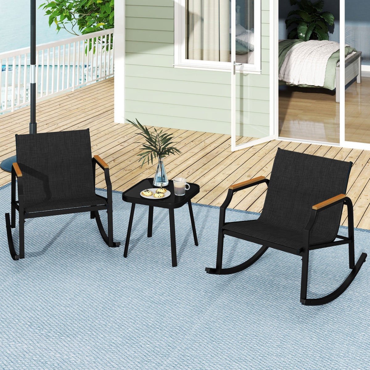 3 Piece Patio Rocking Bistro Set with Tempered Glass Coffee Table and Armrests for Porch-Black