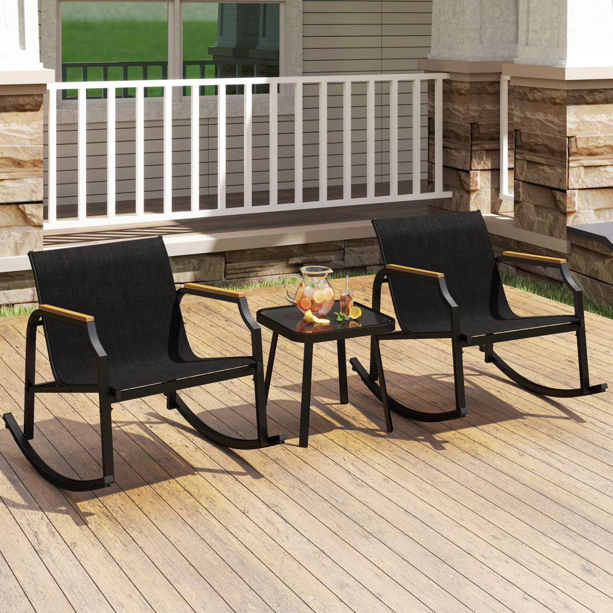 3 Piece Patio Rocking Bistro Set with Tempered Glass Coffee Table and Armrests for Porch-Black