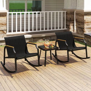 3 Piece Patio Rocking Bistro Set with Tempered Glass Coffee Table and Armrests for Porch-Black