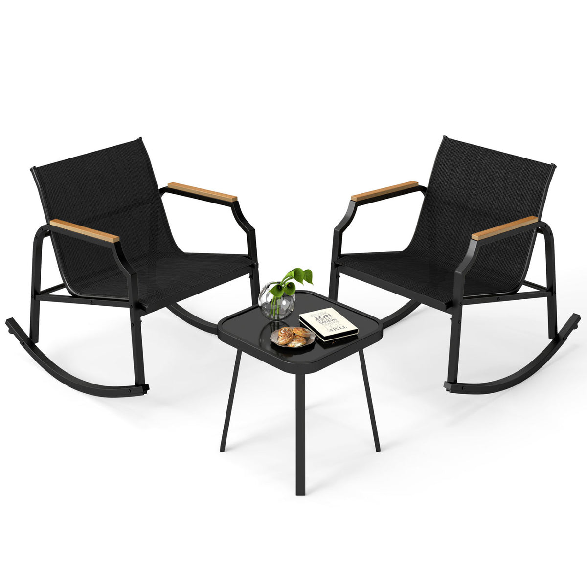 3 Piece Patio Rocking Bistro Set with Tempered Glass Coffee Table and Armrests for Porch-Black