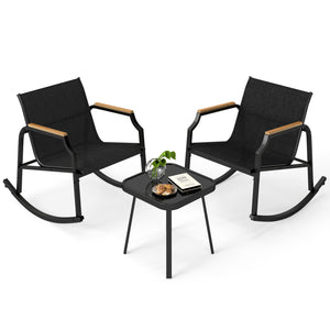 3 Piece Patio Rocking Bistro Set with Tempered Glass Coffee Table and Armrests for Porch-Black