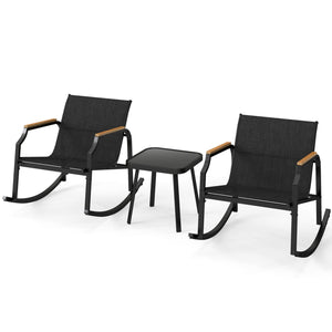 3 Piece Patio Rocking Bistro Set with Tempered Glass Coffee Table and Armrests for Porch-Black