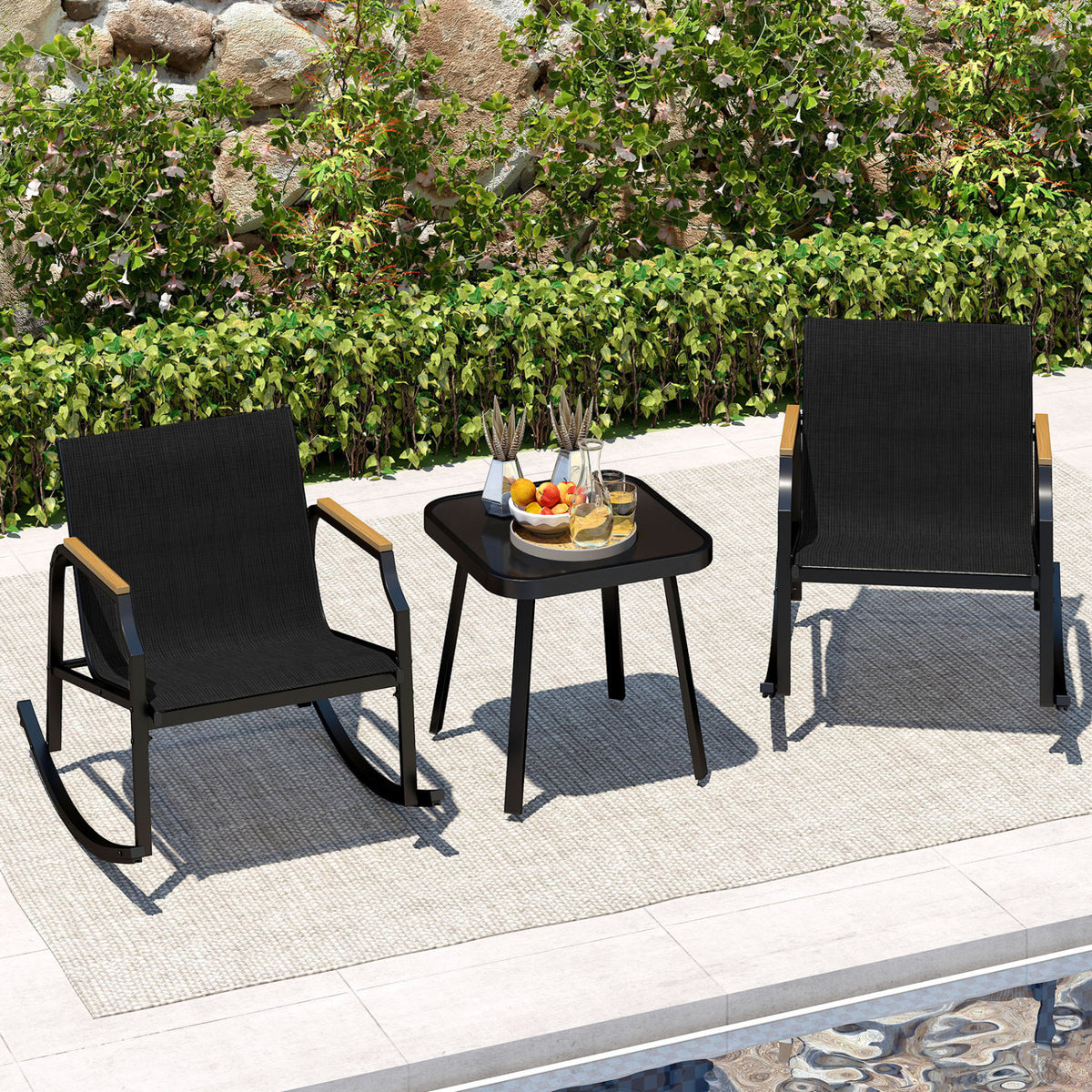 3 Piece Patio Rocking Bistro Set with Tempered Glass Coffee Table and Armrests for Porch-Black