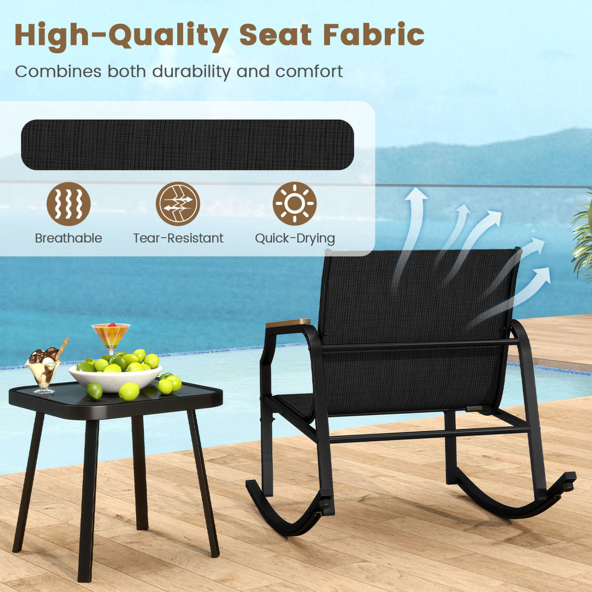 3 Piece Patio Rocking Bistro Set with Tempered Glass Coffee Table and Armrests for Porch-Black