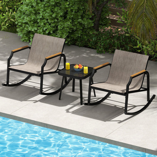 3 Piece Patio Rocking Bistro Set with Tempered Glass Coffee Table and Armrests for Porch-Brown