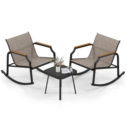 3 Piece Patio Rocking Bistro Set with Tempered Glass Coffee Table and Armrests for Porch-Brown