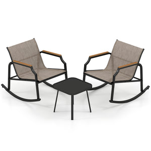 3 Piece Patio Rocking Bistro Set with Tempered Glass Coffee Table and Armrests for Porch-Brown
