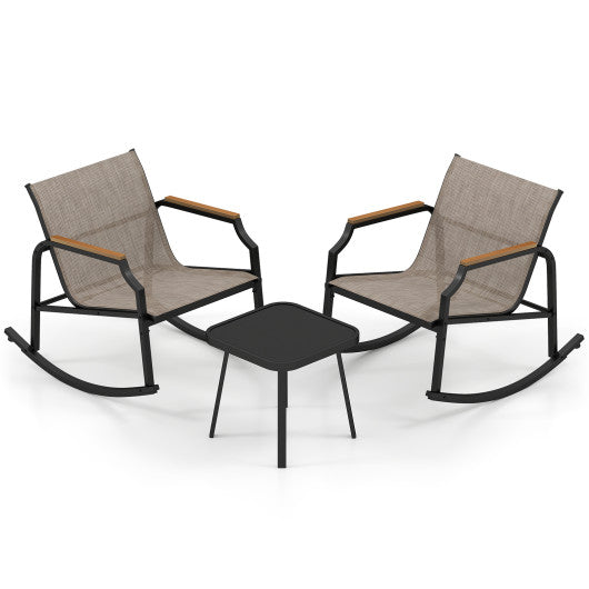 3 Piece Patio Rocking Bistro Set with Tempered Glass Coffee Table and Armrests for Porch-Brown