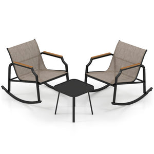 3 Piece Patio Rocking Bistro Set with Tempered Glass Coffee Table and Armrests for Porch-Brown