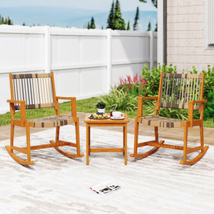 3 Piece Patio Rocking Set Acacia Wood Rocker Bistro Set with Rattan Seat and Back